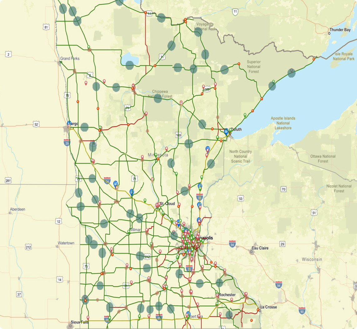 Map of Minnesota EV Station Zones